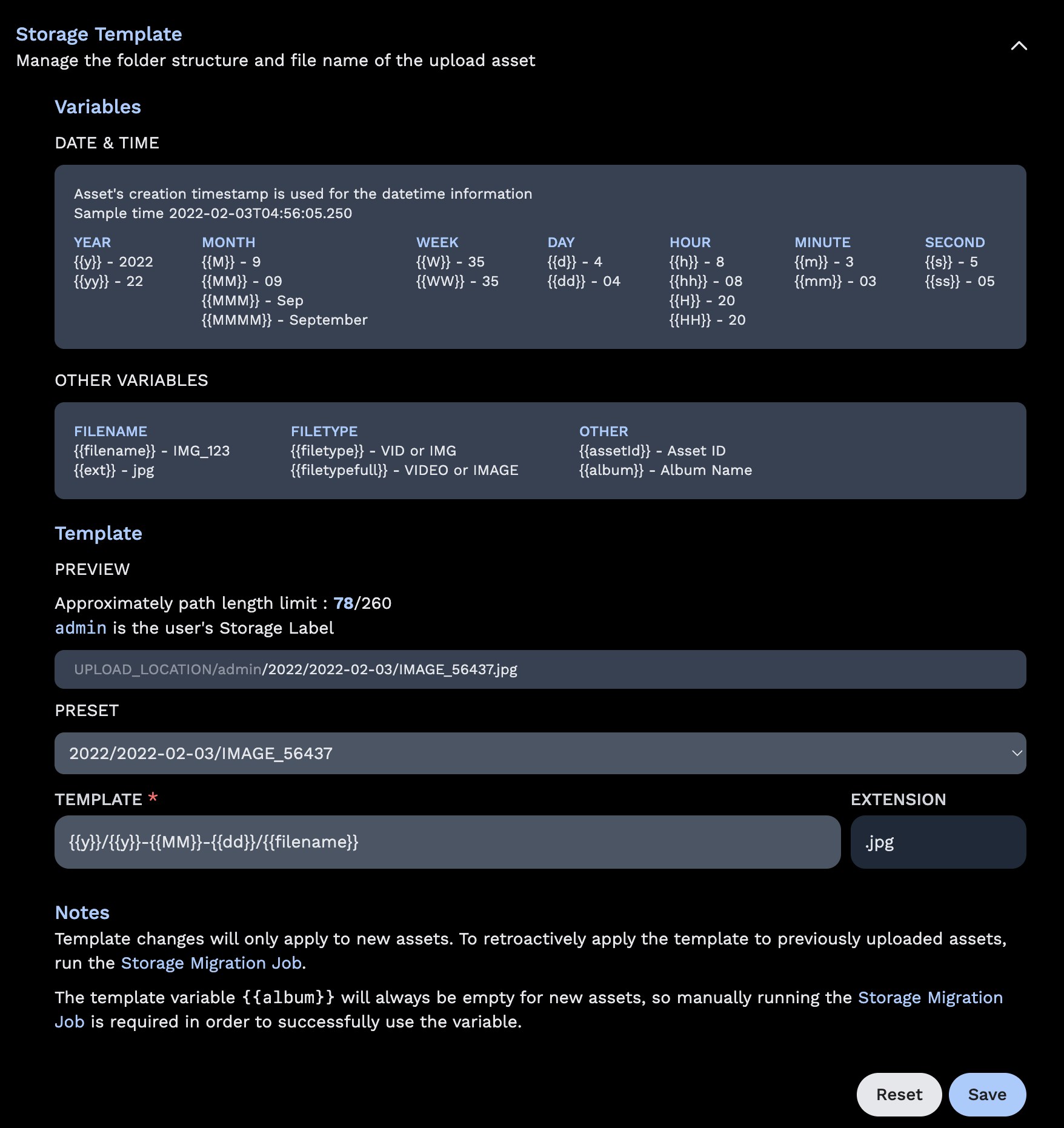 Storage Template Setting
